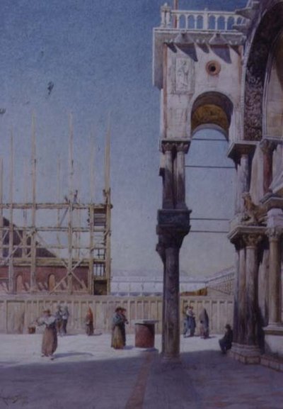 Uitzicht vanaf het Portiek van St. Marks Venetië, met de Herbouw van de Campanile, 1908 door Reginald Barratt